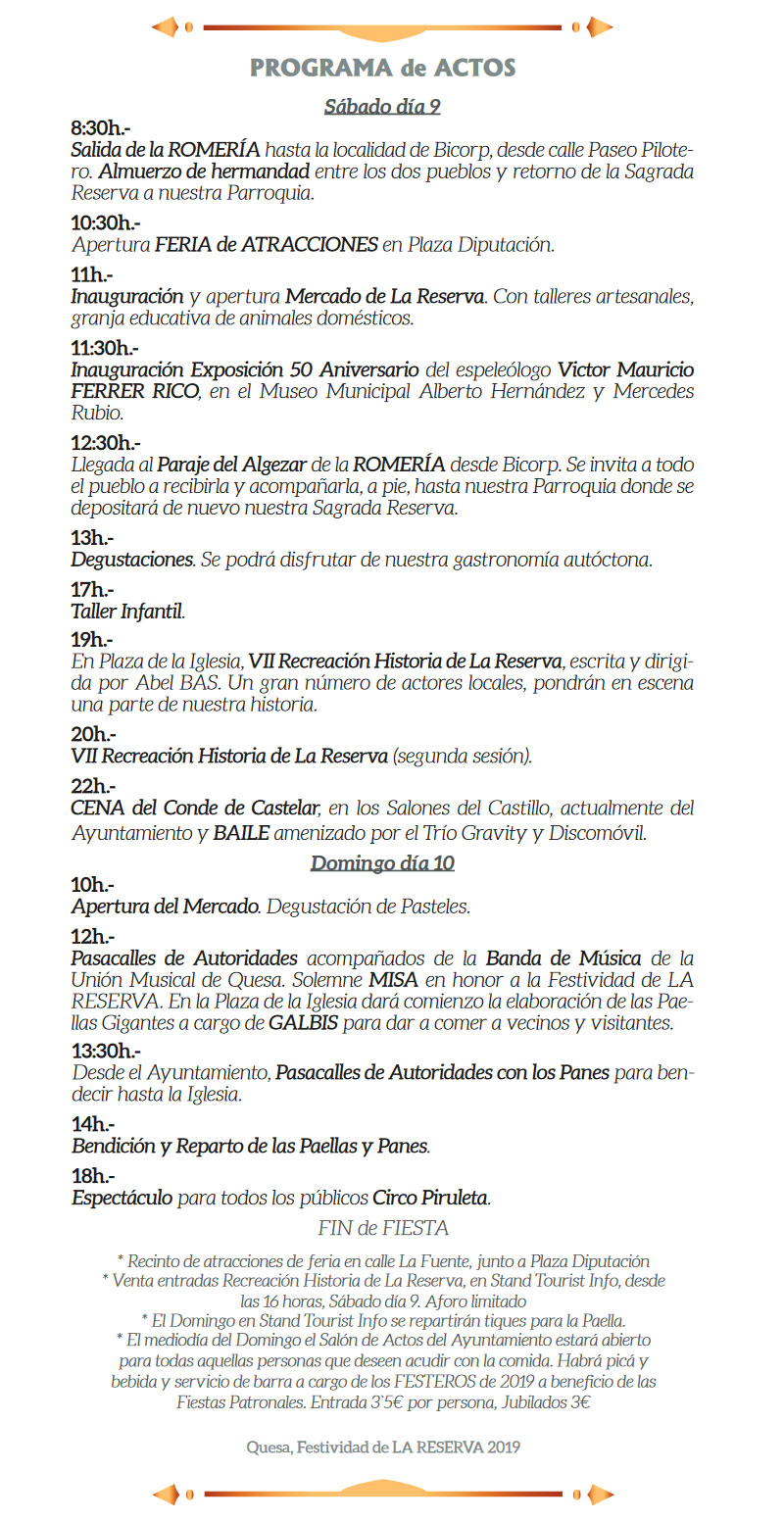 Fiesta de La Reserva en Quesa:  2019 programme